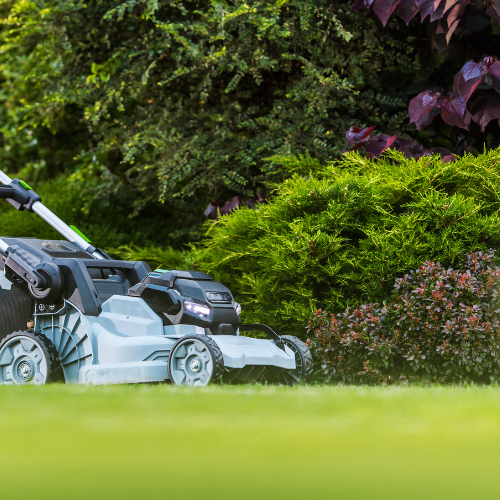 Modern electric lawn mower rests on lush green grass beside manicured shrubs and dark foliage, evoking a peaceful, well-kept garden.